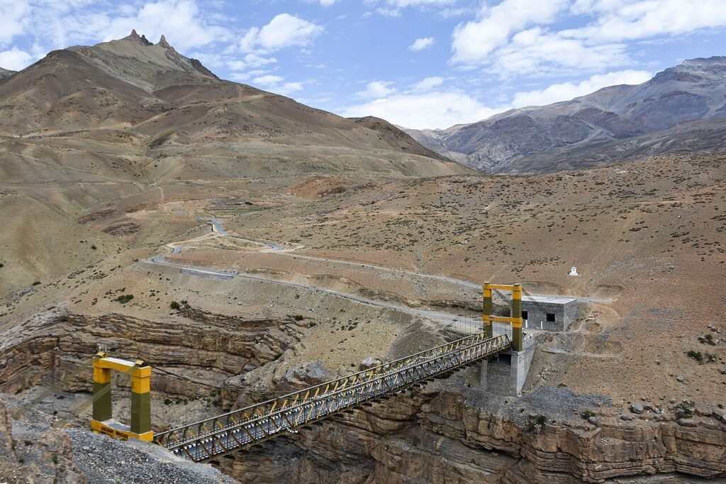 Chicham Bridge and high-altitude mountain landscape in Spiti, Himachal Pradesh