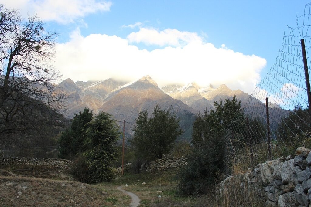 Mountain and village landscape in Sangla Valley, Kinnaur district, Himachal Pradesh